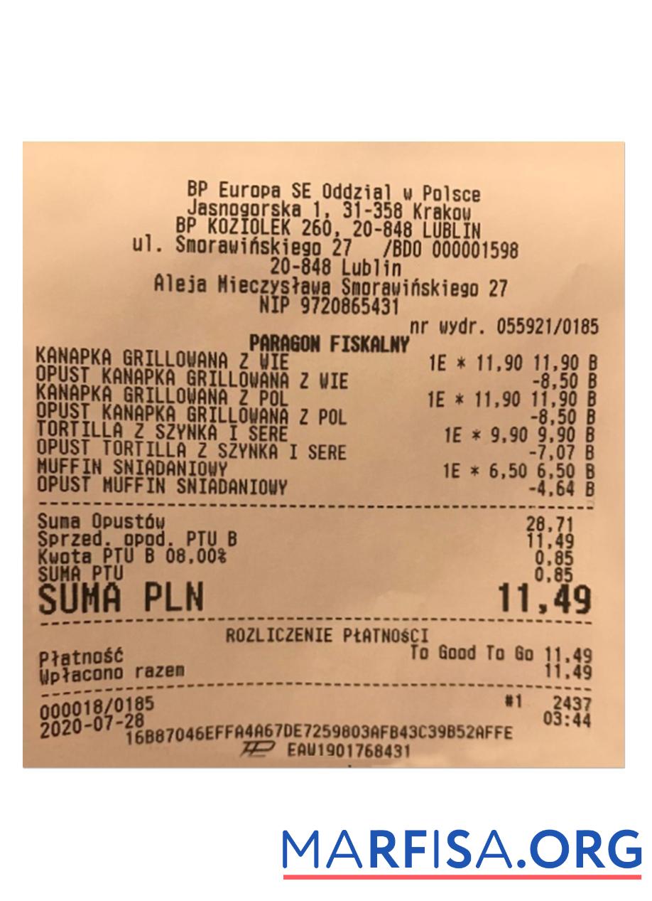 Printable BP EUROPA SE ODDZIAL receipt real example